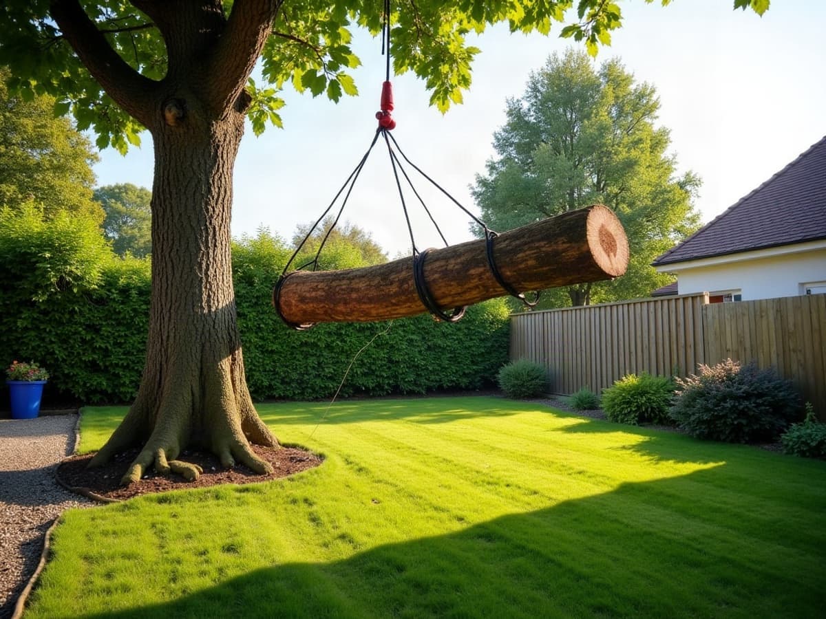 Grimpeur détachant une section de tronc au-dessus d'un jardin clos