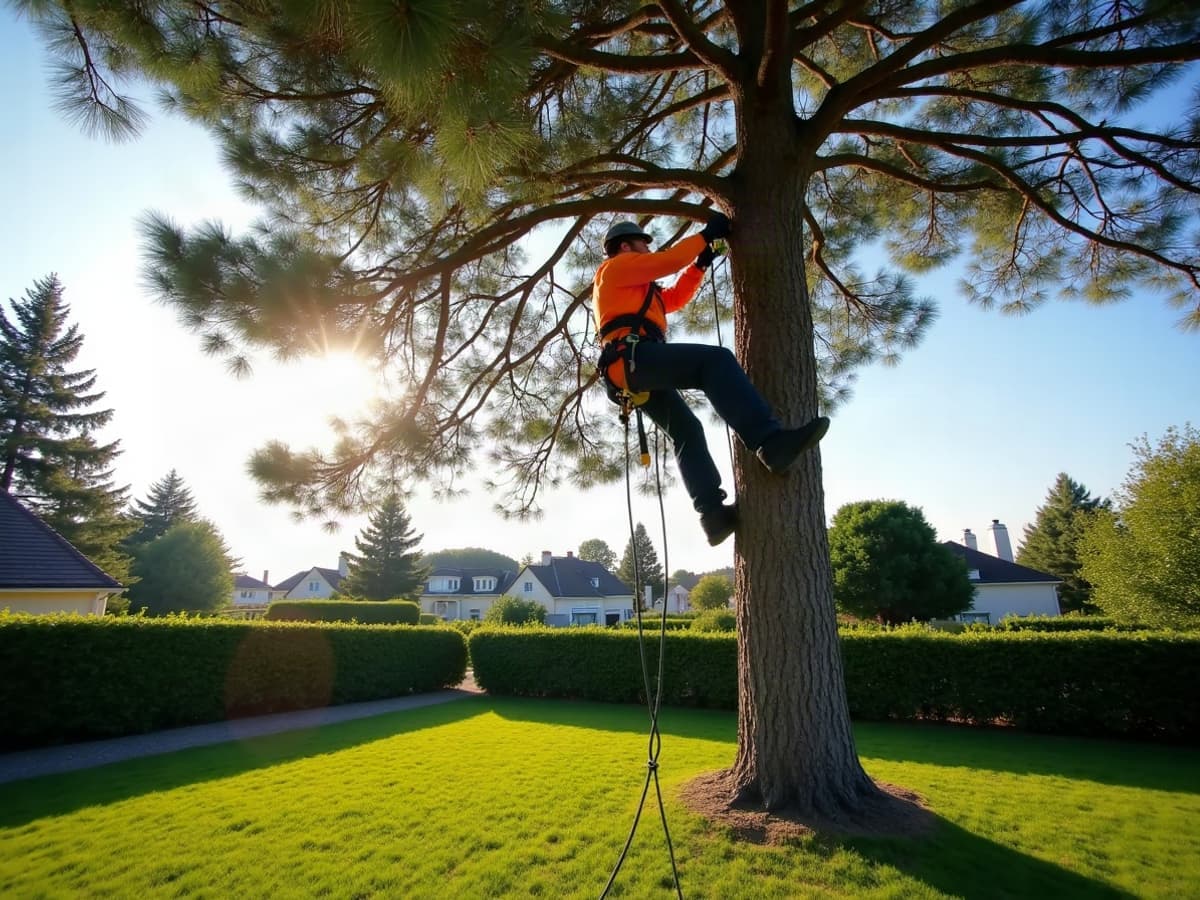 Grimpeur harnaché intervenant dans la couronne d'un arbre en hauteur
