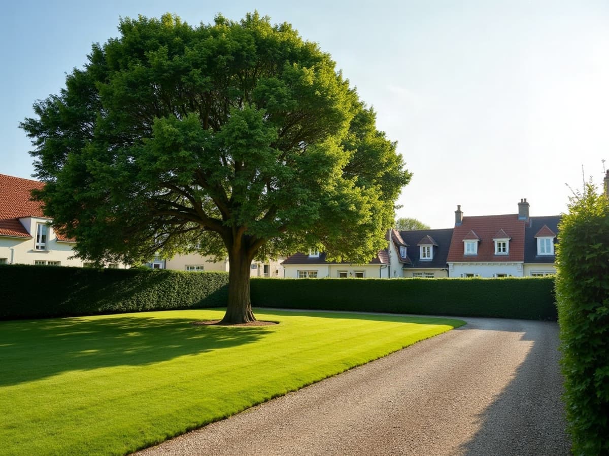 Arbre de bourg élagué à La Chapelle-des-Marais, terrain dégagé à quelques mètres des toitures du hameau
