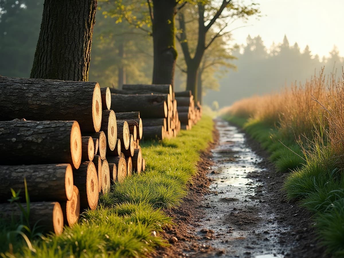 Arbre abattu et débité au sol dans une prairie humide de Montoir-de-Bretagne, terrain dégagé en bordure de marais