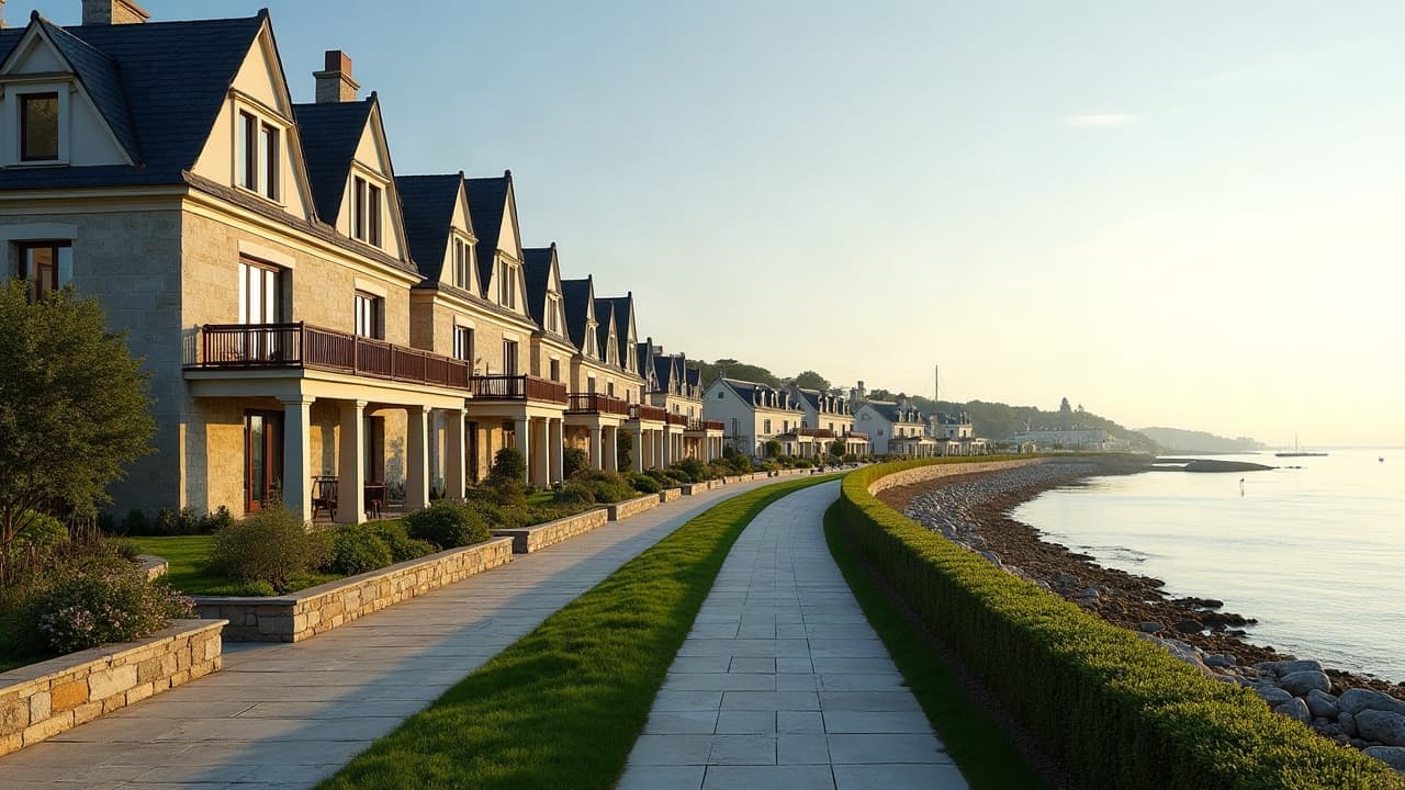 Front de mer de Pornichet avec ses pins maritimes et ses villas balnéaires en bord de plage