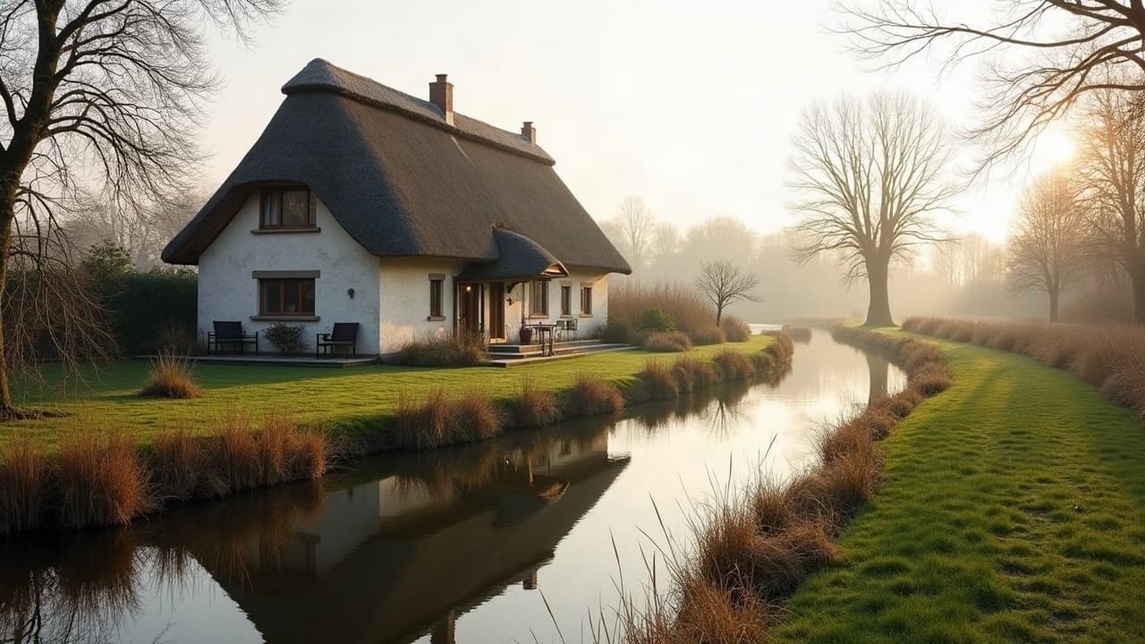 Île de Fédrun à Saint-Joachim, chaumières briéronnes et saules têtards en bordure de canal