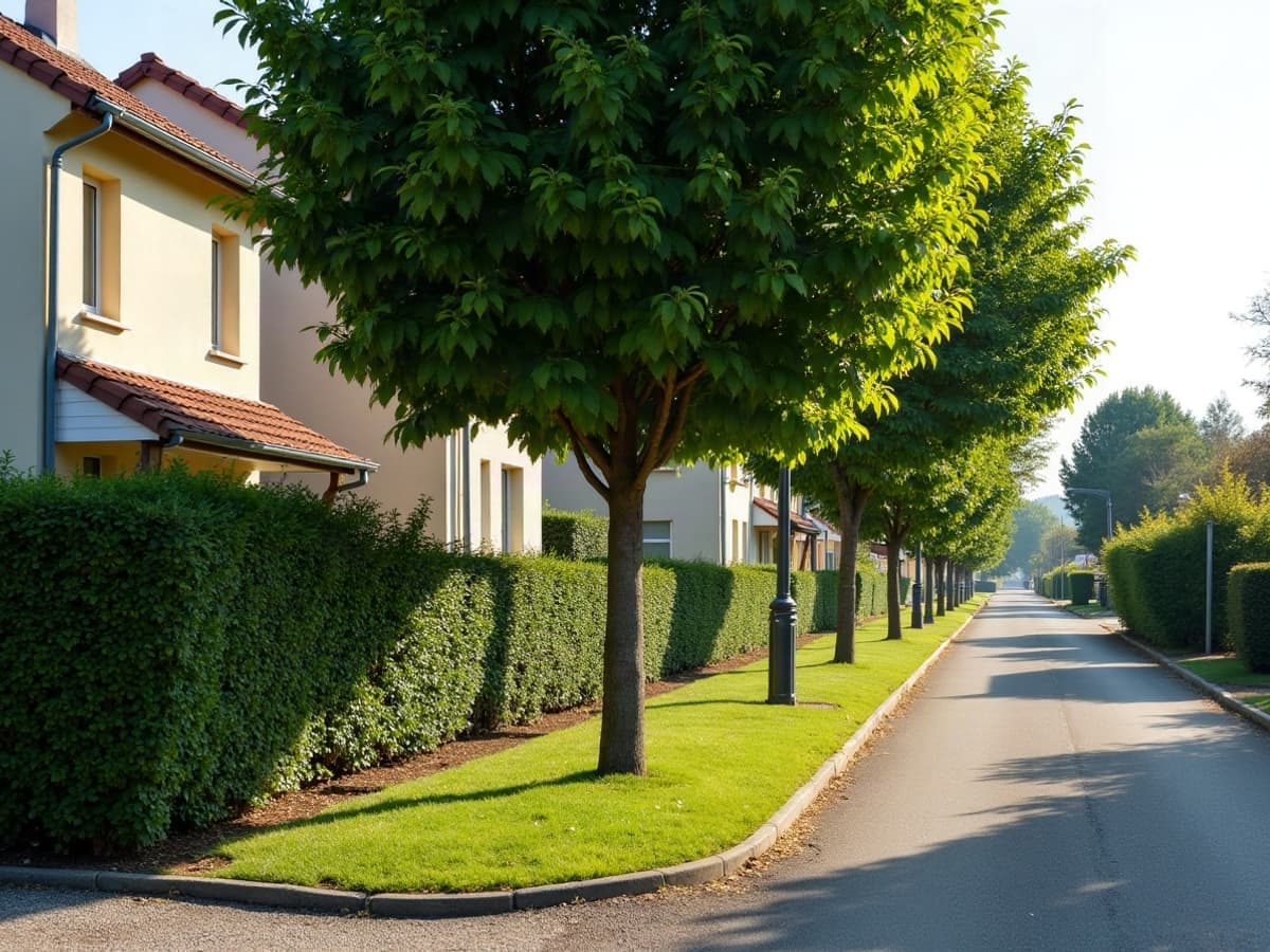 Arbre d'alignement fraîchement élagué le long d'une rue résidentielle de Trignac, terrain propre autour du pied