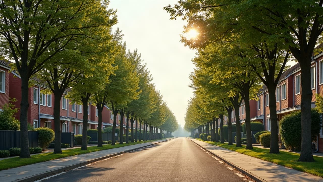 Quartier résidentiel de Trignac avec ses arbres d'alignement, à proximité des vestiges des anciennes forges