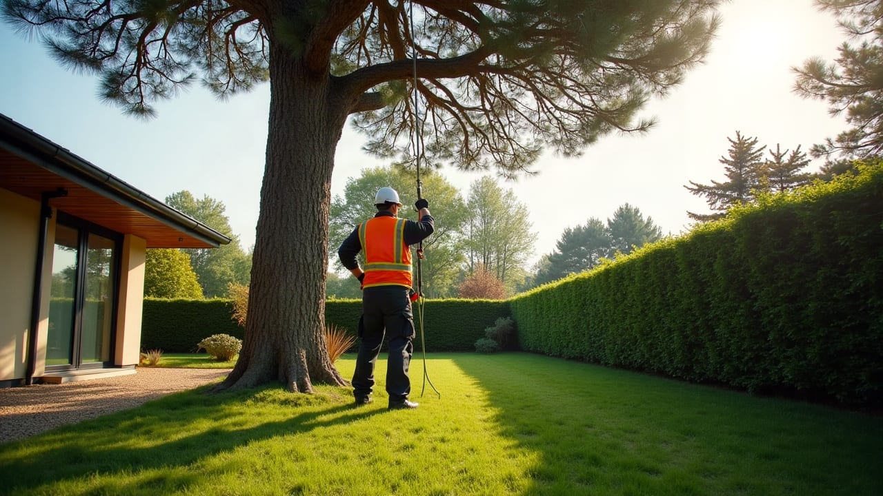 Jardin clos entouré de constructions proches, arbre encadré par des habitations voisines