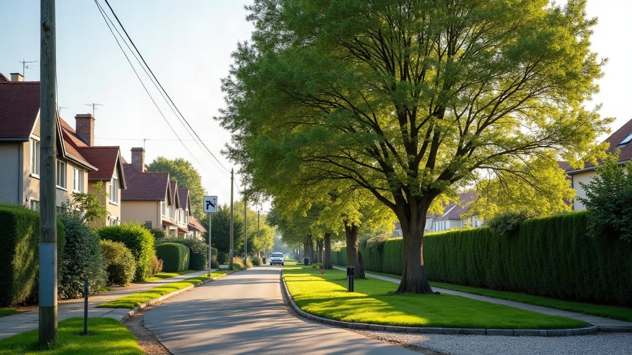 Arbre d'alignement en bordure de trottoir dans une rue résidentielle