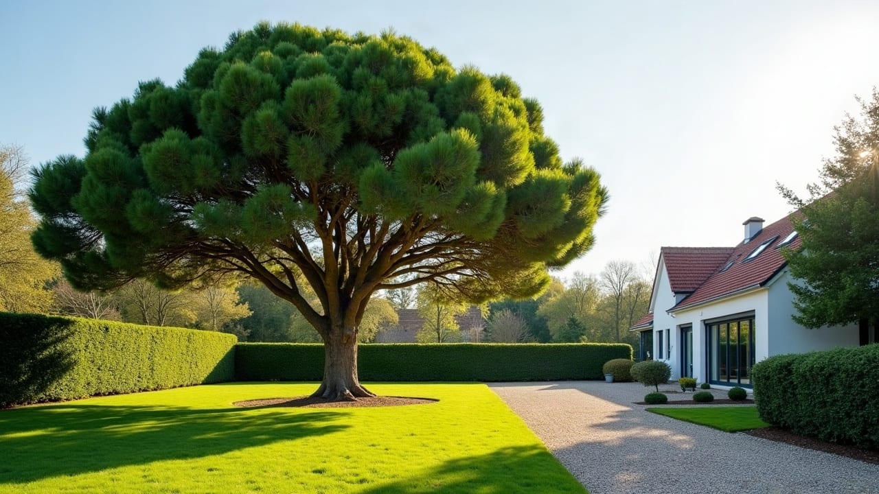 Grand arbre isolé dans un jardin privé, avant toute intervention d'abattage
