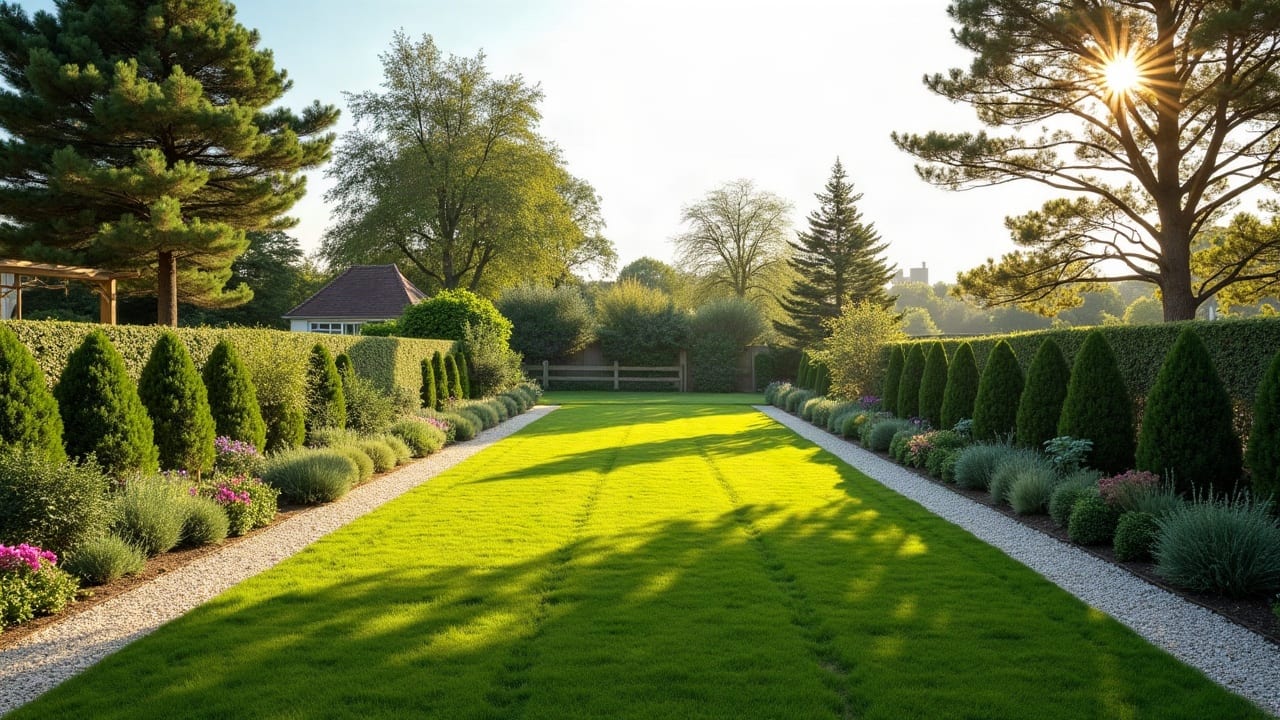 Limite de jardin entre deux propriétés voisines, clôture basse et végétation de chaque côté