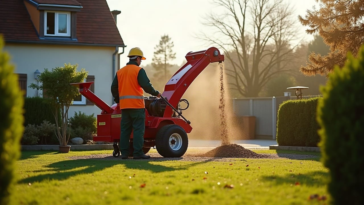 Broyeuse de végétaux en action, branches réduites en copeaux dans un jardin