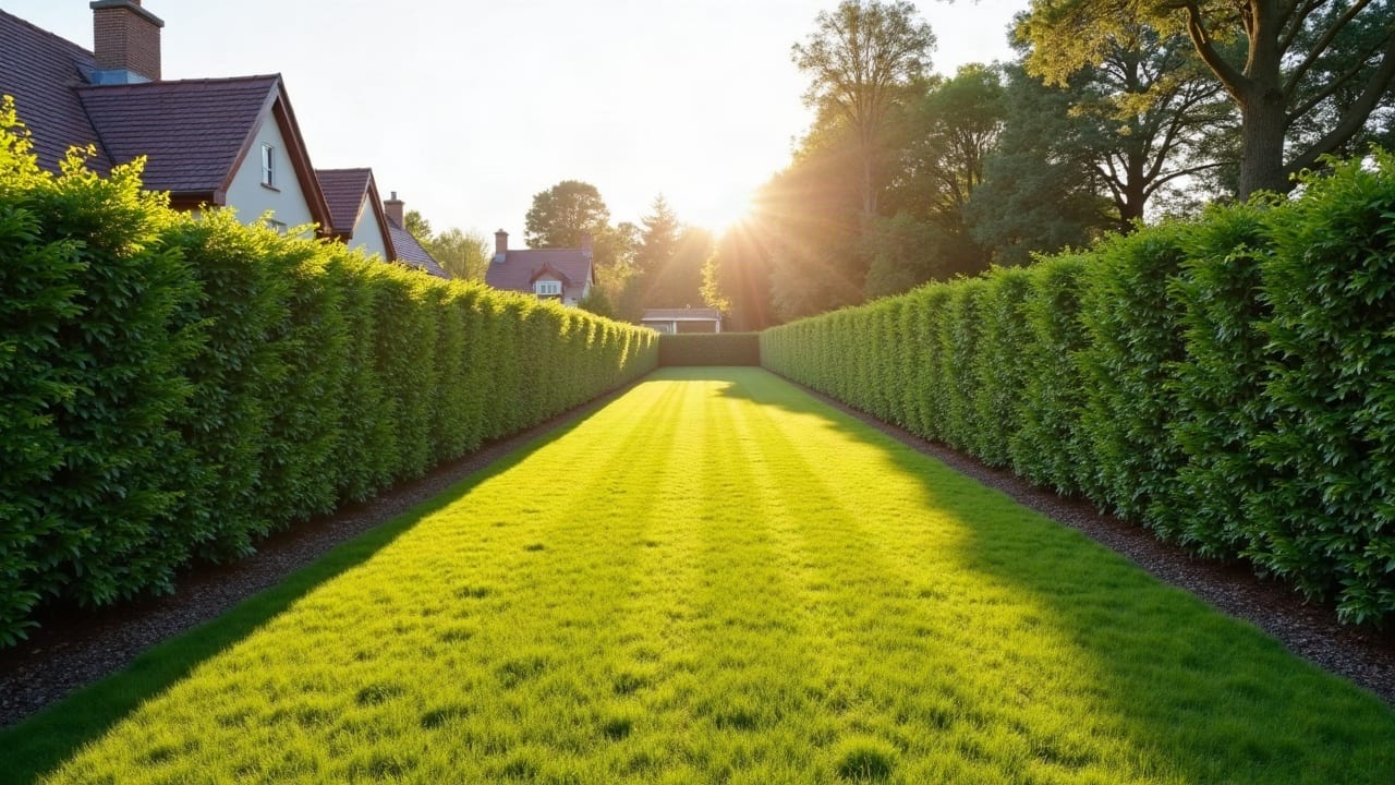 Limite de jardin marquée par une haie taillée, ligne nette entre deux propriétés