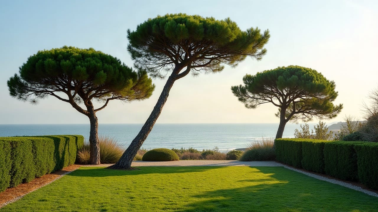 Cyprès et pins d'un jardin de bord de mer façonnés par le vent dominant