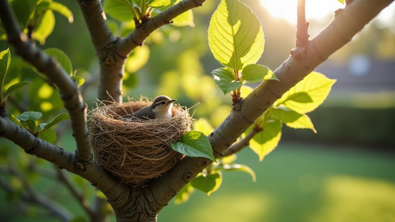 Nid d'oiseau dans les branches basses d'un arbre au printemps, avant une taille reportée